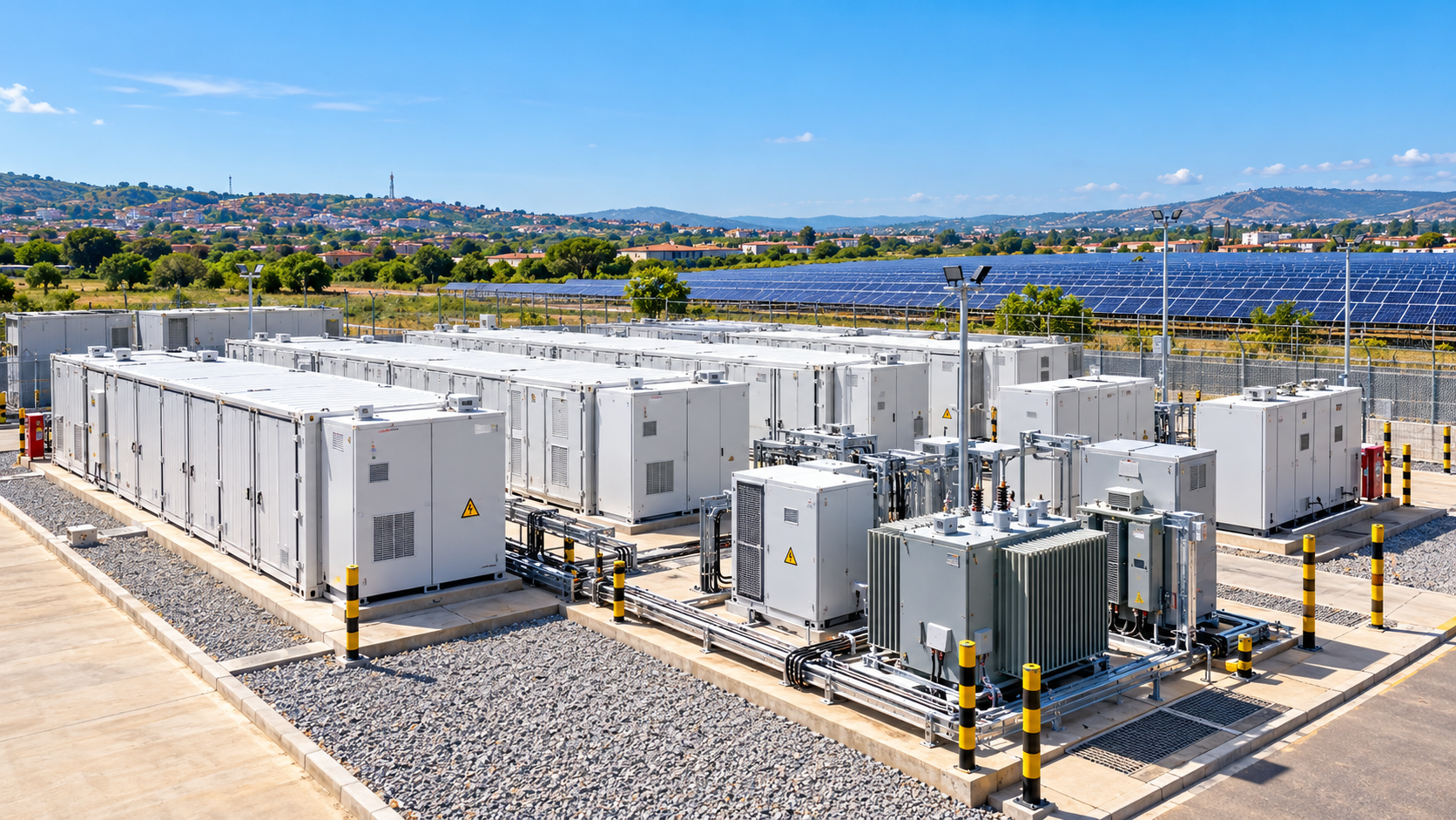 Installation de stockage d’énergie devant un parc photovoltaïque.